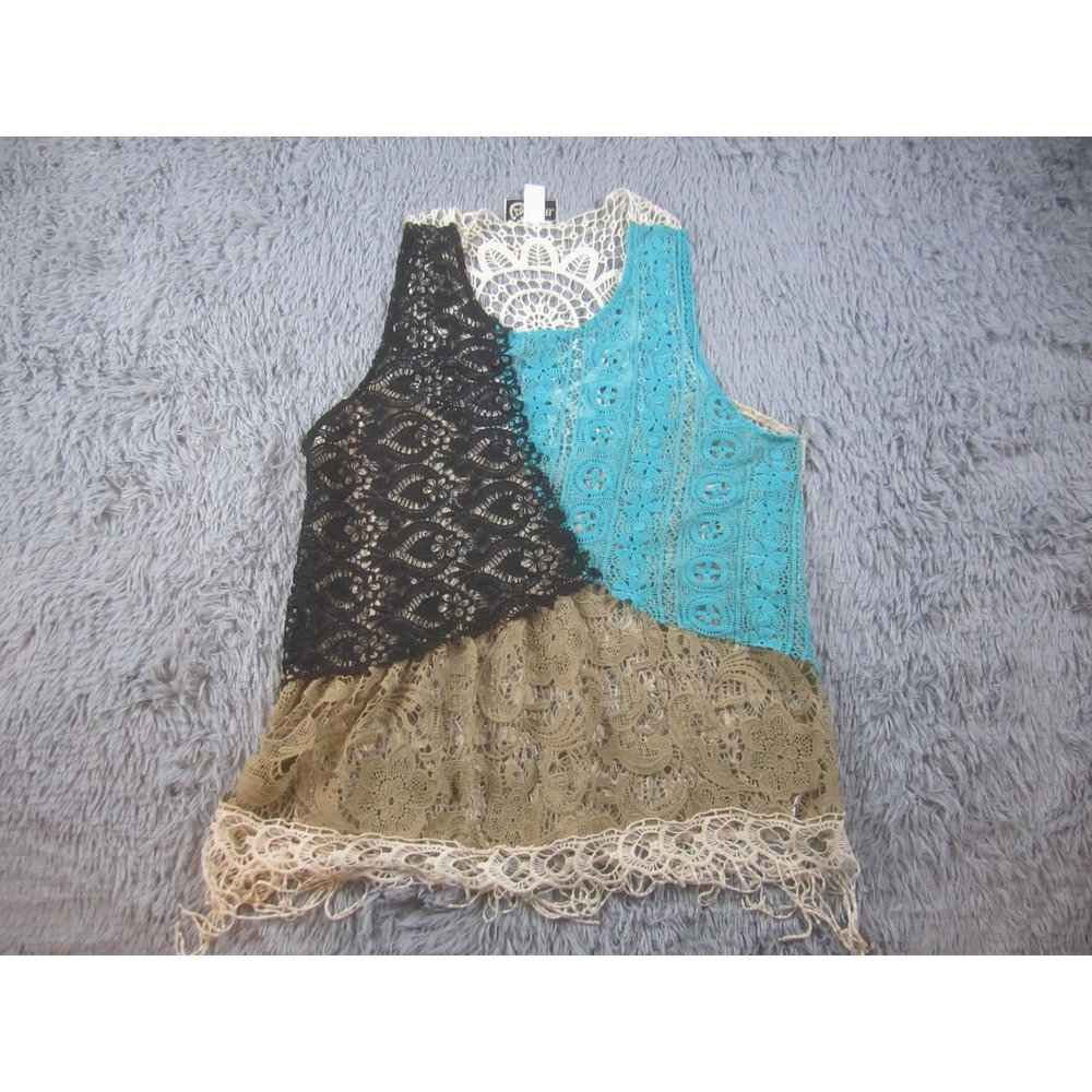 L&B Tank Top Womens XL Black Turquoise Crochet Lace‎ Patchwork Fringe USA 1034